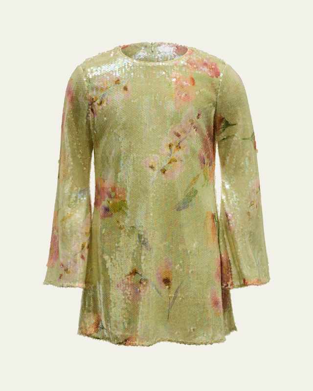 Girl's Floral-Print Sequin Dress, Size 6-1